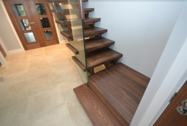 Ash with walnut finish stairs close up